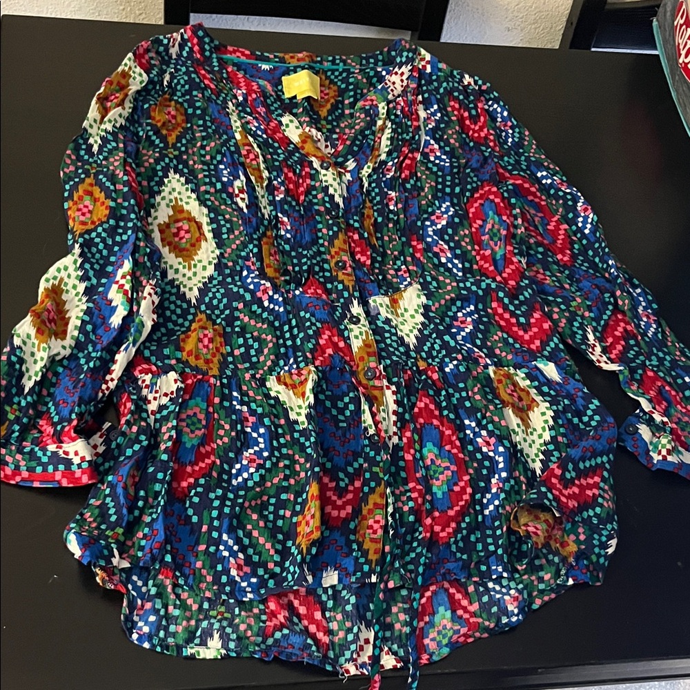 Women's Multicolor Patterned Peasant Blouse - Bright Geo Print